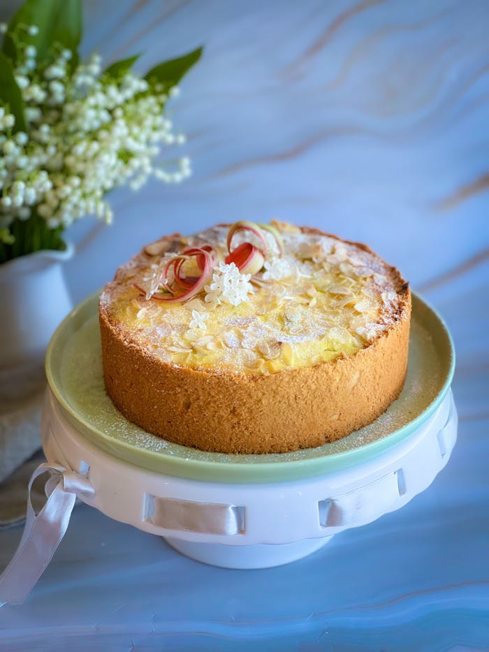 An enticing rhubarb almond cake perfect for breakfast or dessert.